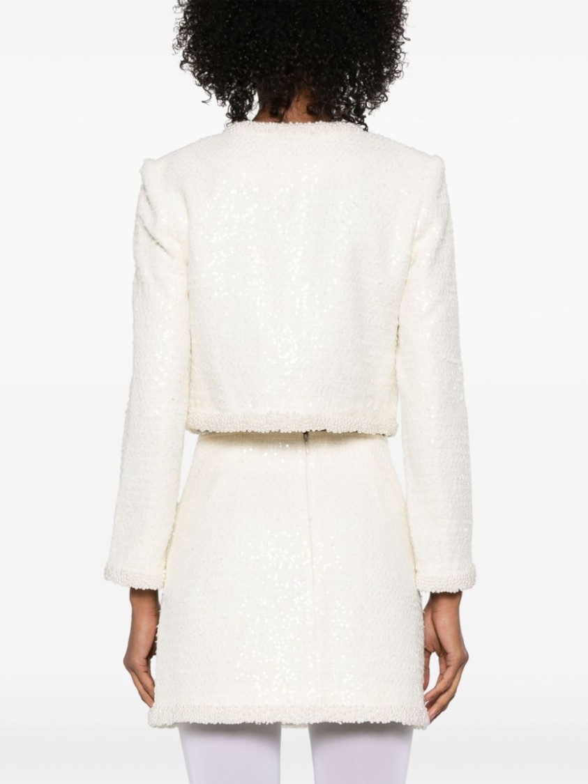 Shop Self-portrait Bouclé Faux-pearl-trim Jacket In White
