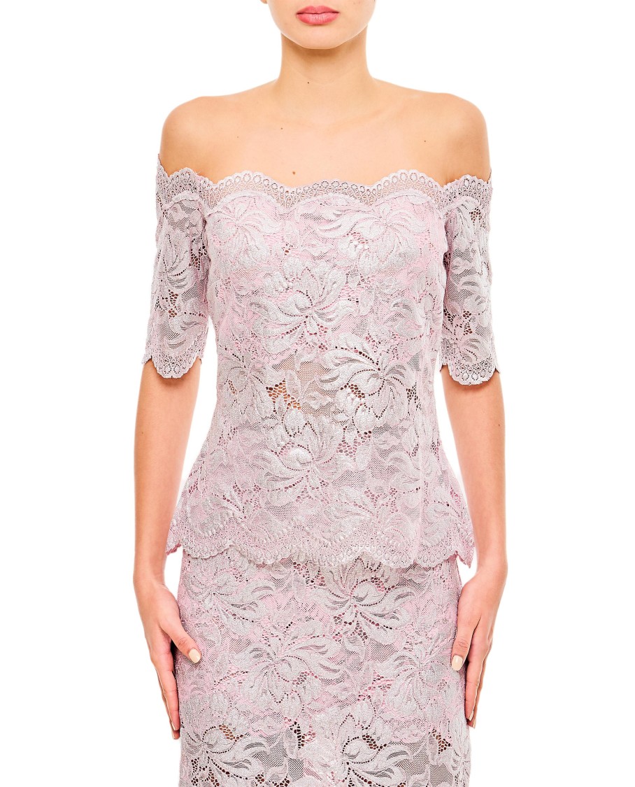 Rabanne Off-the-shoulder Lace Top With Floral Patterns In Purple