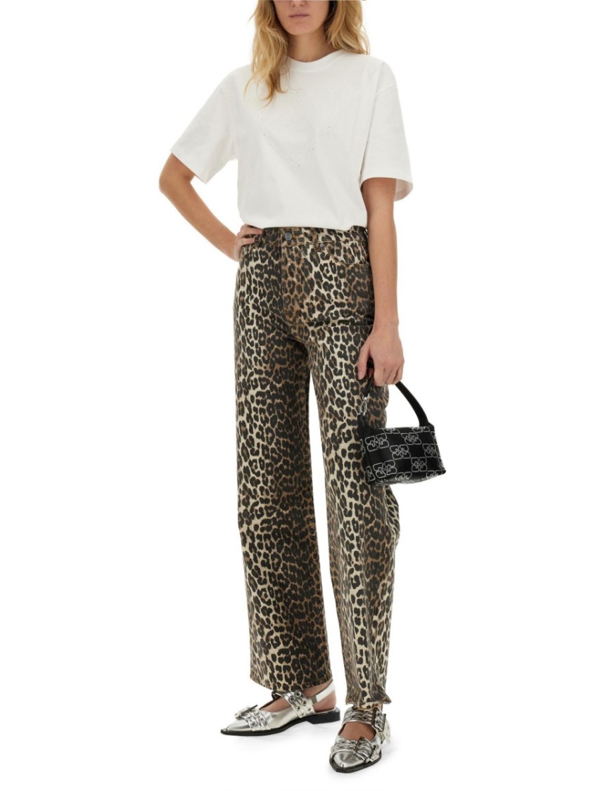 Ganni Womens Izey Leopard-print Mid-rise Straight-leg Organic-cotton Blend Stretch-denim Jeans