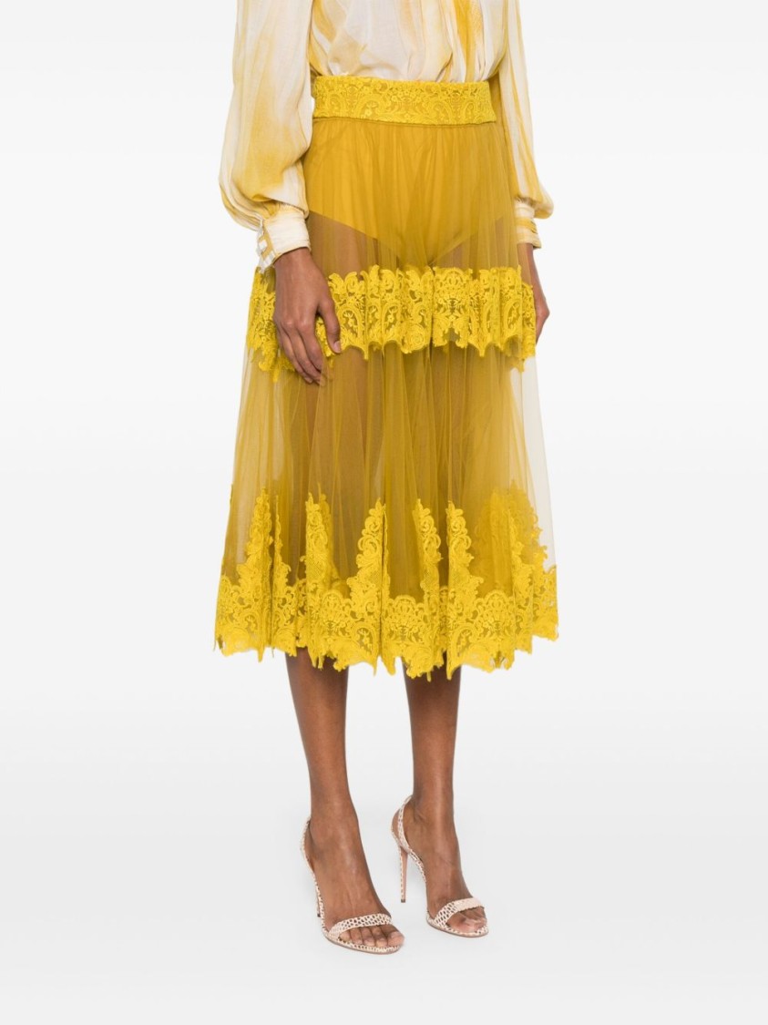 Elisabetta Franchi Ochre Yellow Midi Skirt With Lace Panels