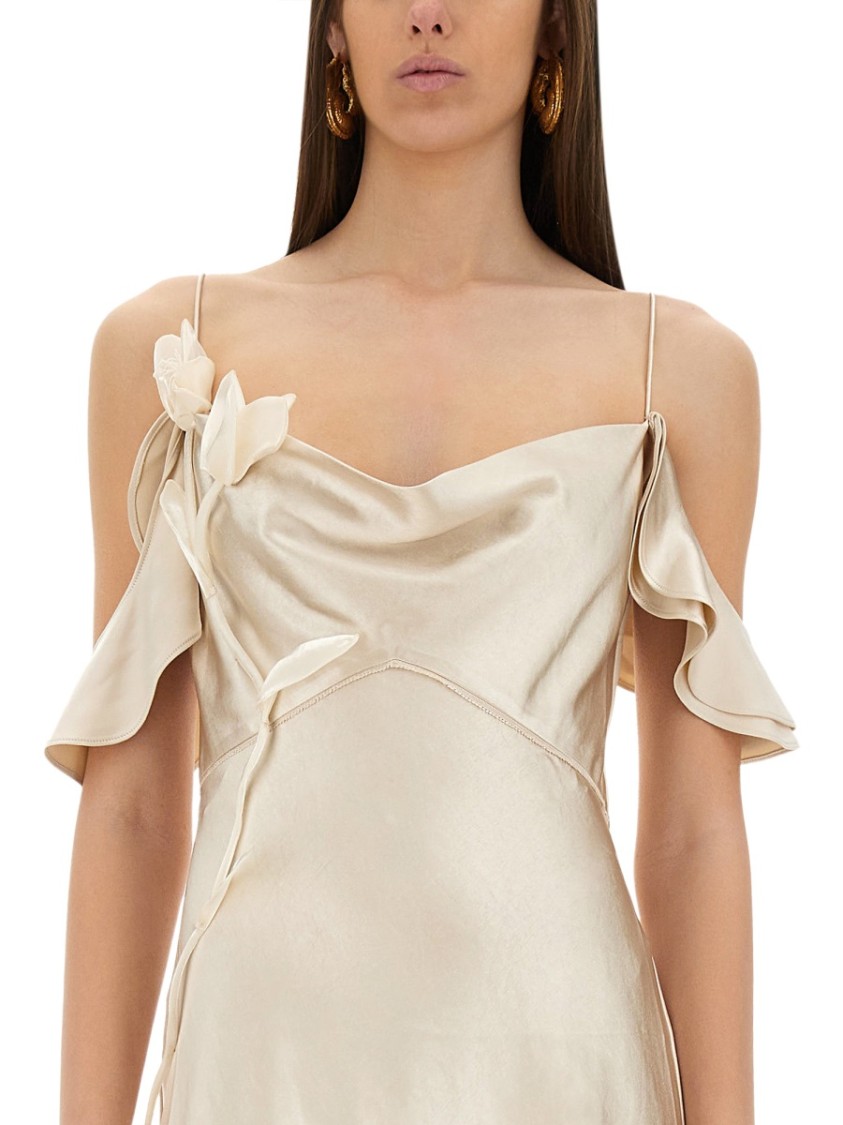 Self-portrait Beige Off-shoulder Mini Dress With Ruched Details In Tech Fabric Woman In Neutrals