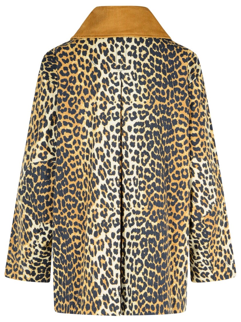 Ganni Leopard Printed Canvas Midi Puffer Jackets Brown