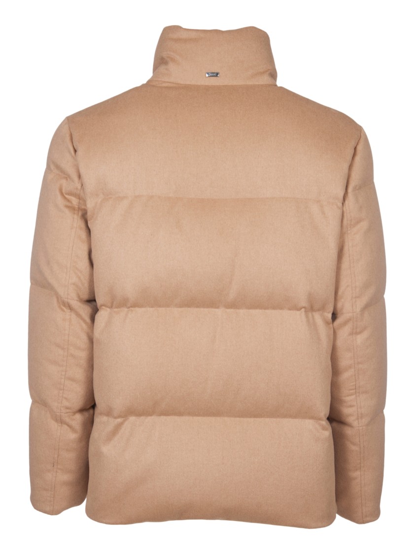 Herno Luxurious Camel Down Jacket With Hidden Zip Closure And Snap Button Pockets In Brown