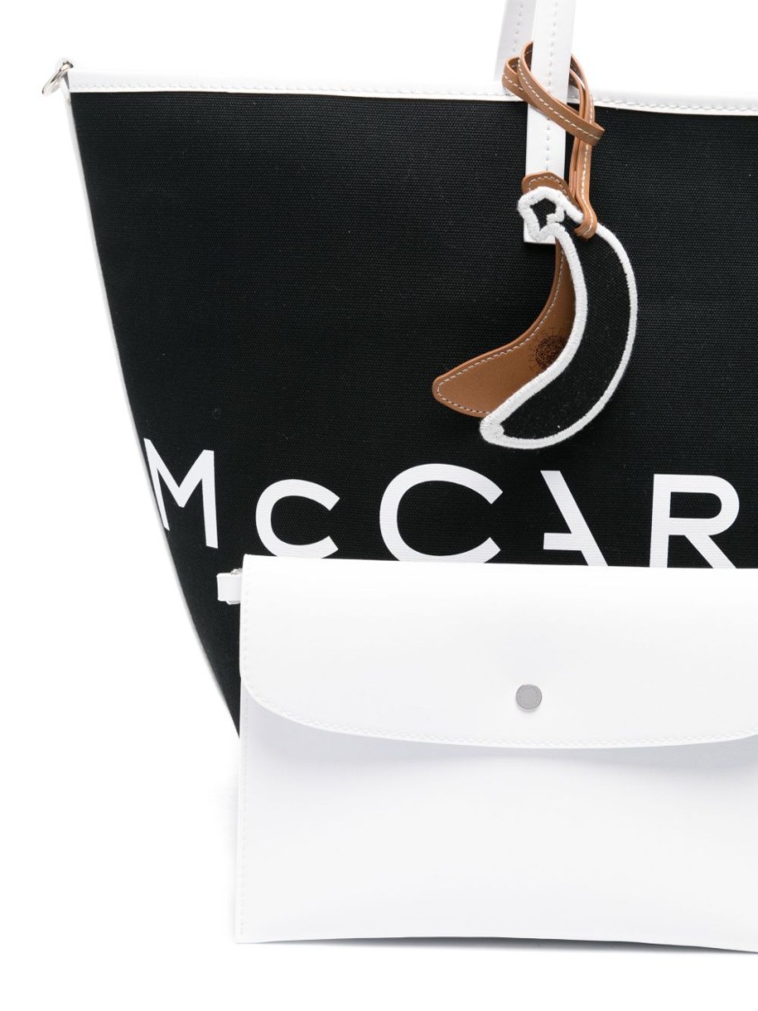 Stella Mccartney Black Canvas Tote With Contrasting Trim And Detachable Pouch In Black