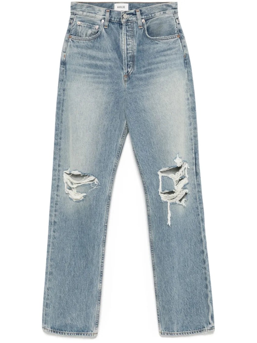 Shop Agolde Distressed Indigo Blue High-waisted Kelly Jeans