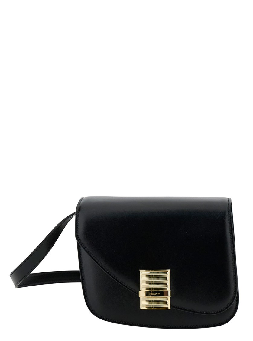 Ferragamo Fiamma S Black Shoulder Bag With Logo Detail And Oblique Flap In Leather Woman In Black