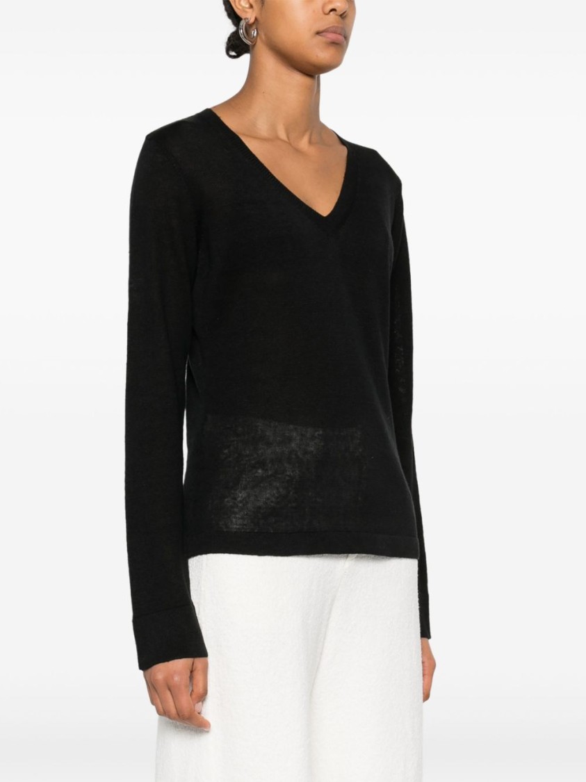 Max Mara V-neck Black Linen Sweatshirt With Cropped Hem In Black