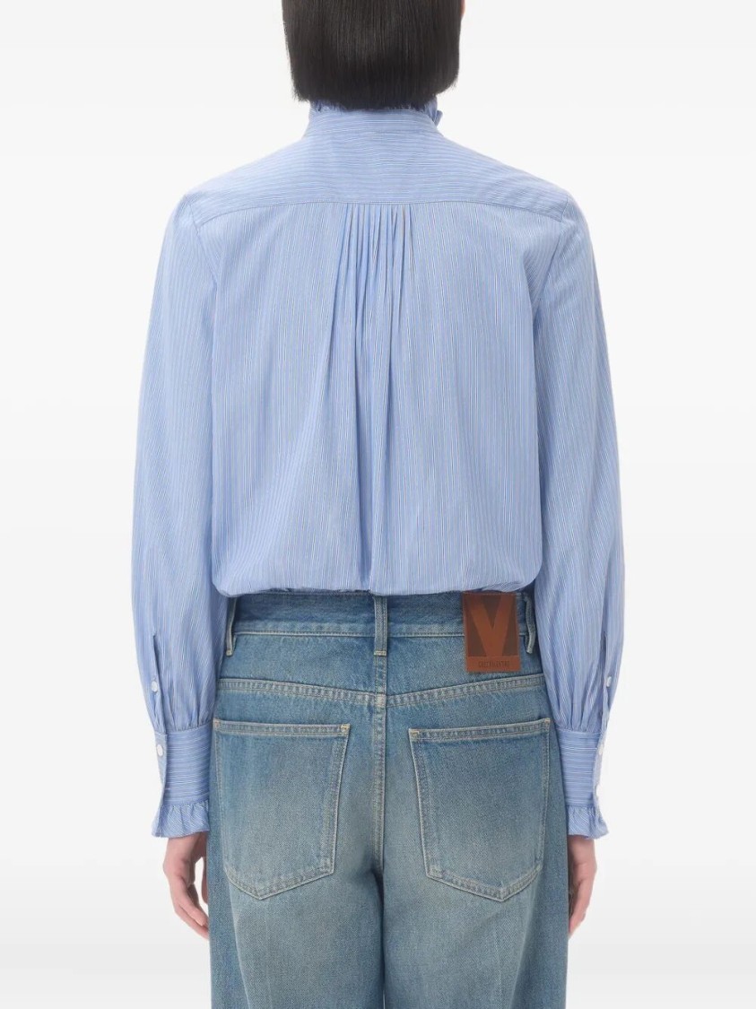 Valentino Classic Striped Cotton Top With Ruffled Collar In Blue