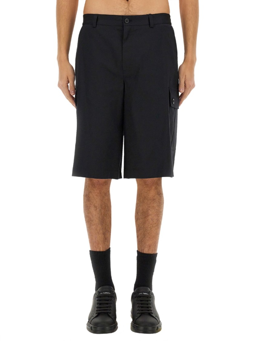 Dolce & Gabbana Black Bermuda Shorts With Pockets In Linen Man In Black