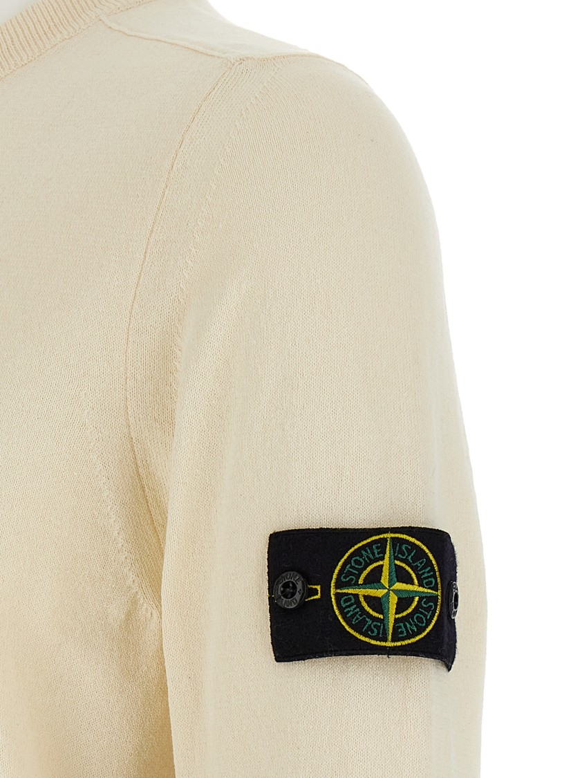 Stone Island High Neck White Sweater With Ribbed Texture And Unique Patch In Neutral