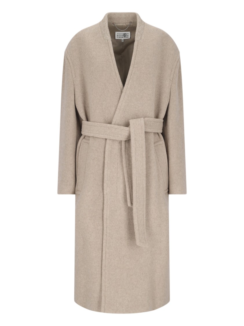Mm6 Maison Margiela Belted Long Length Jacket With Back Seam In Neutrals