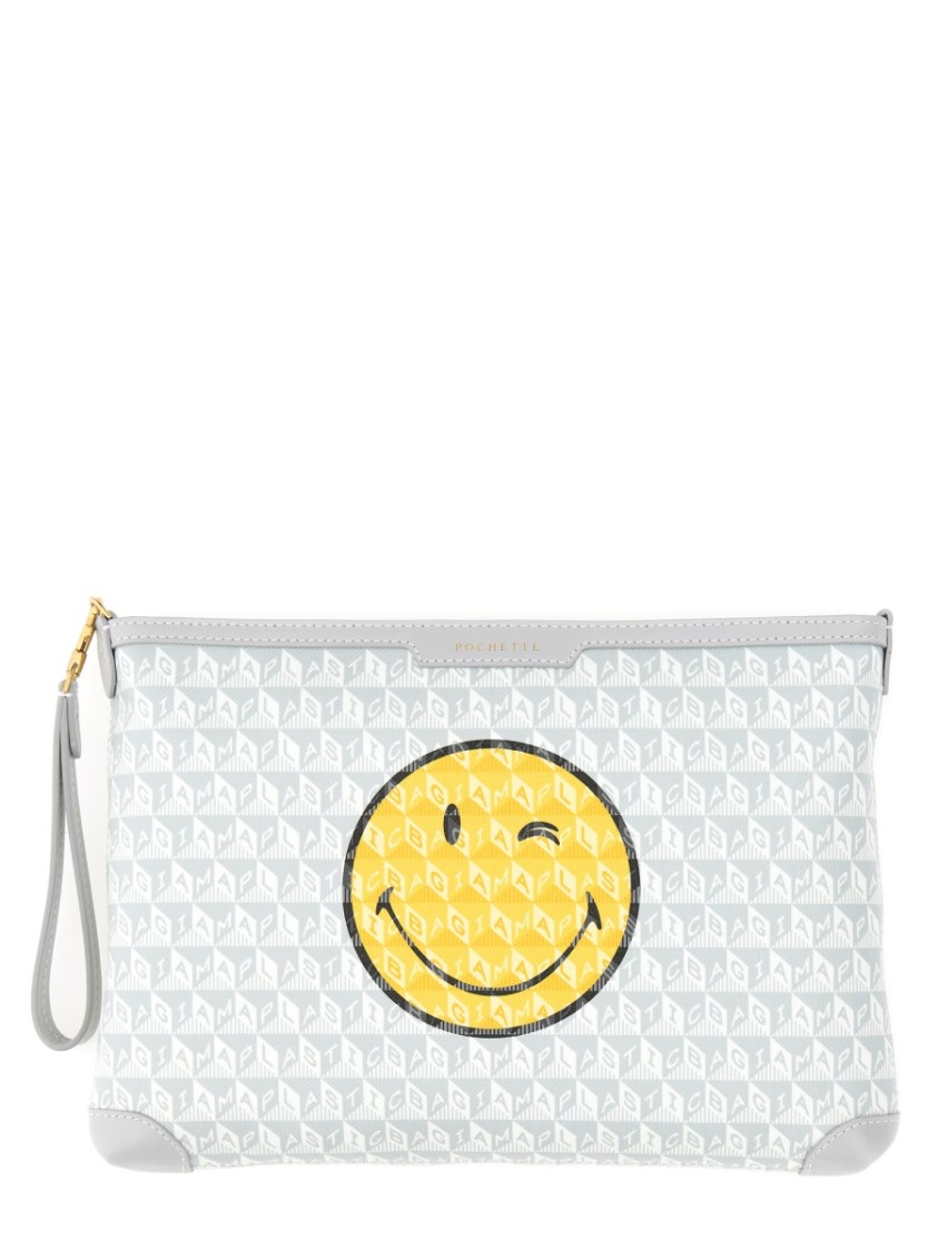 Anya Hindmarch Smiley Face Graphic Print Wrist Strap Clutch
