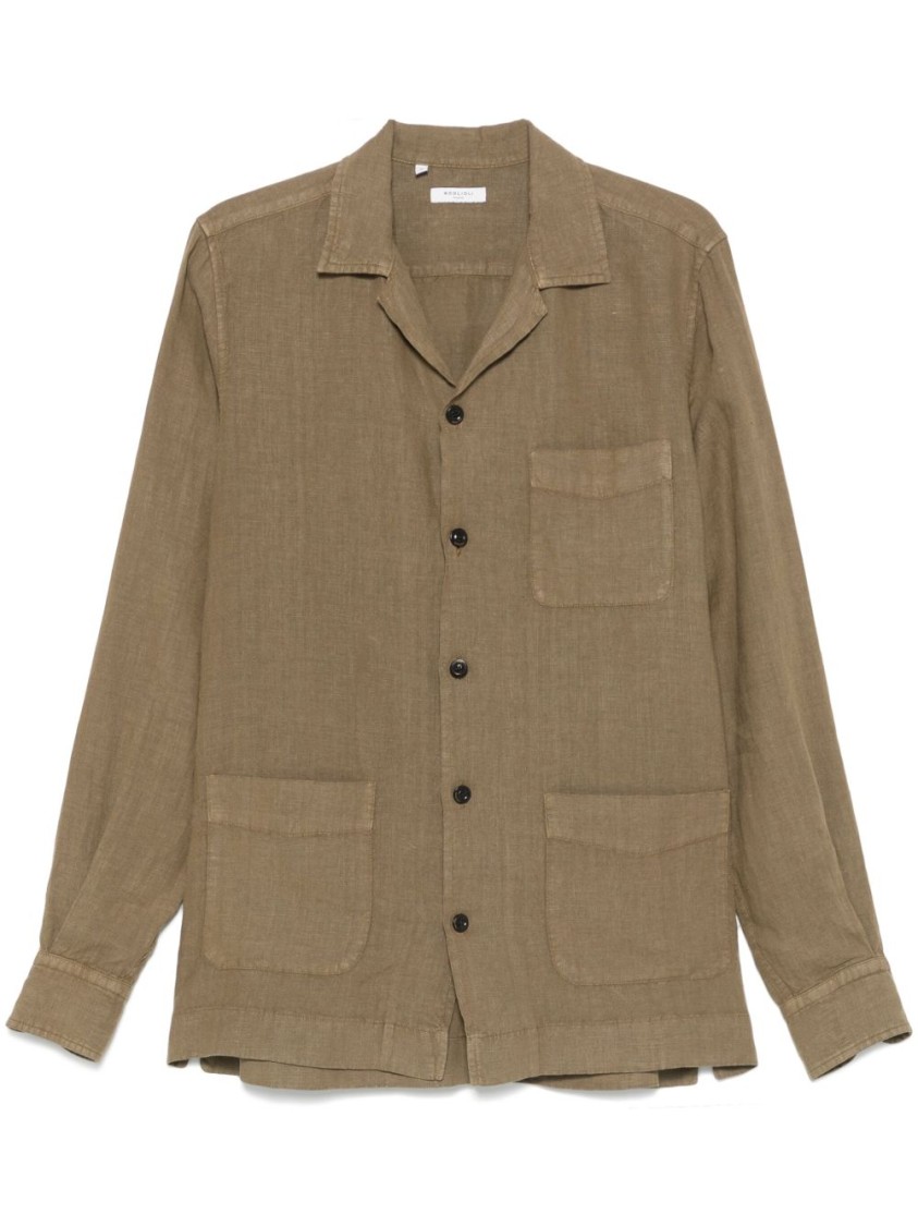 Boglioli Olive Green Relaxed-fit Overshirt With Button Fastening In Brown