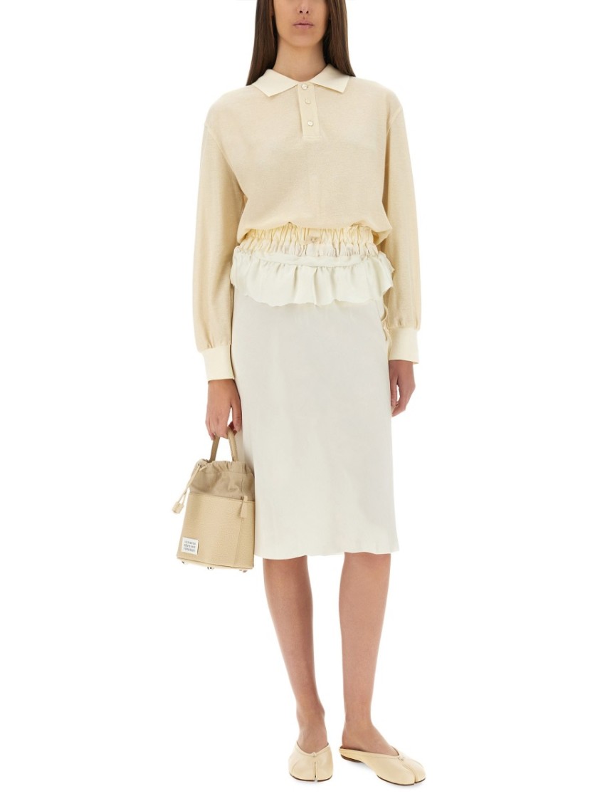Maison Margiela White Midi Dress With Polo Collar And Gathered Waist In Neutral
