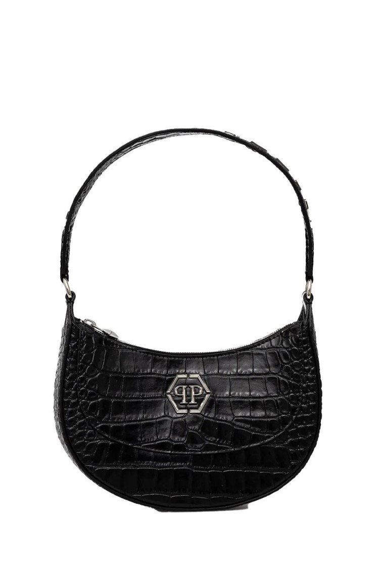 Philipp Plein Textured Crocodile Pattern Handbag With Logo Detail In Black