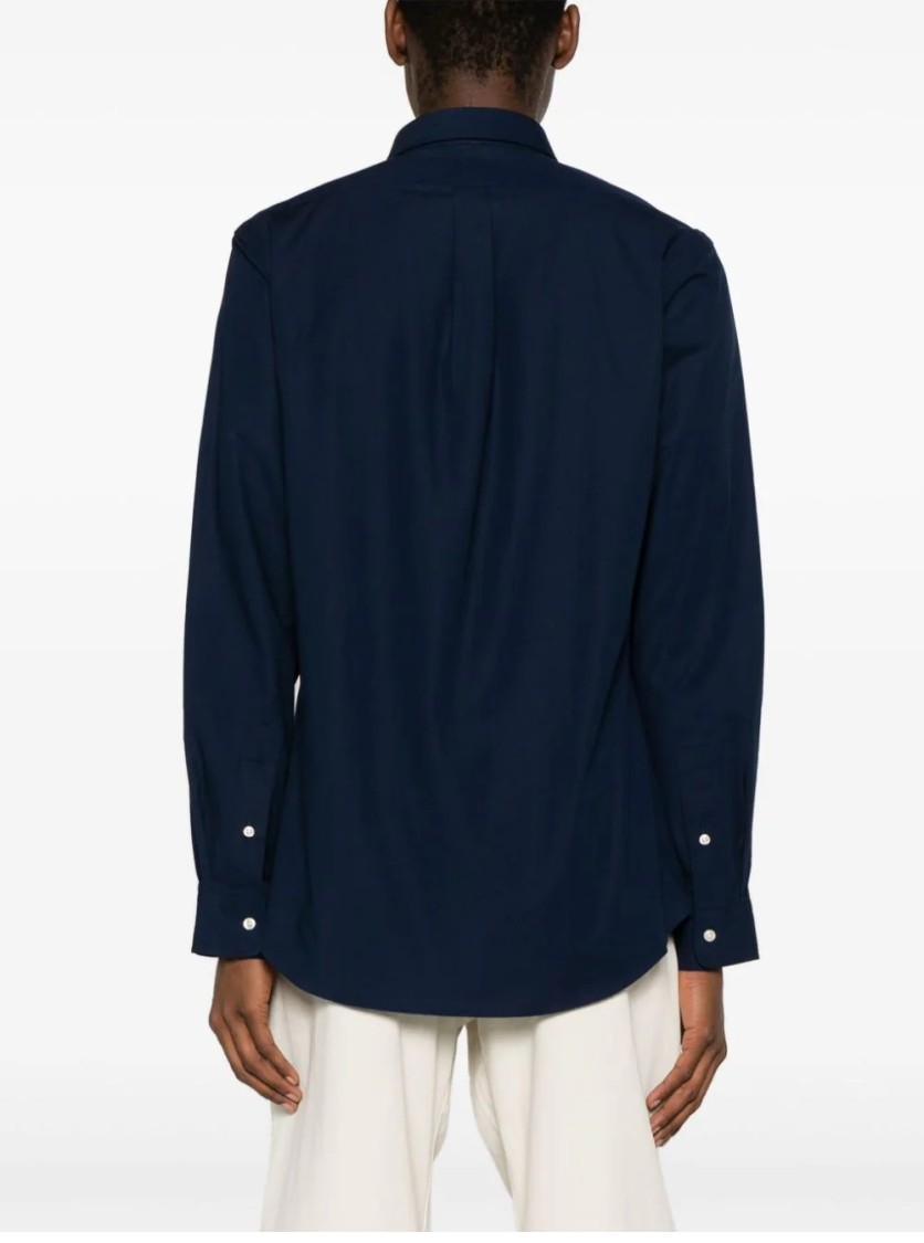 Polo Ralph Lauren Navy Blue Stretch-cotton Button-down Shirt With Signature Motif In Blue