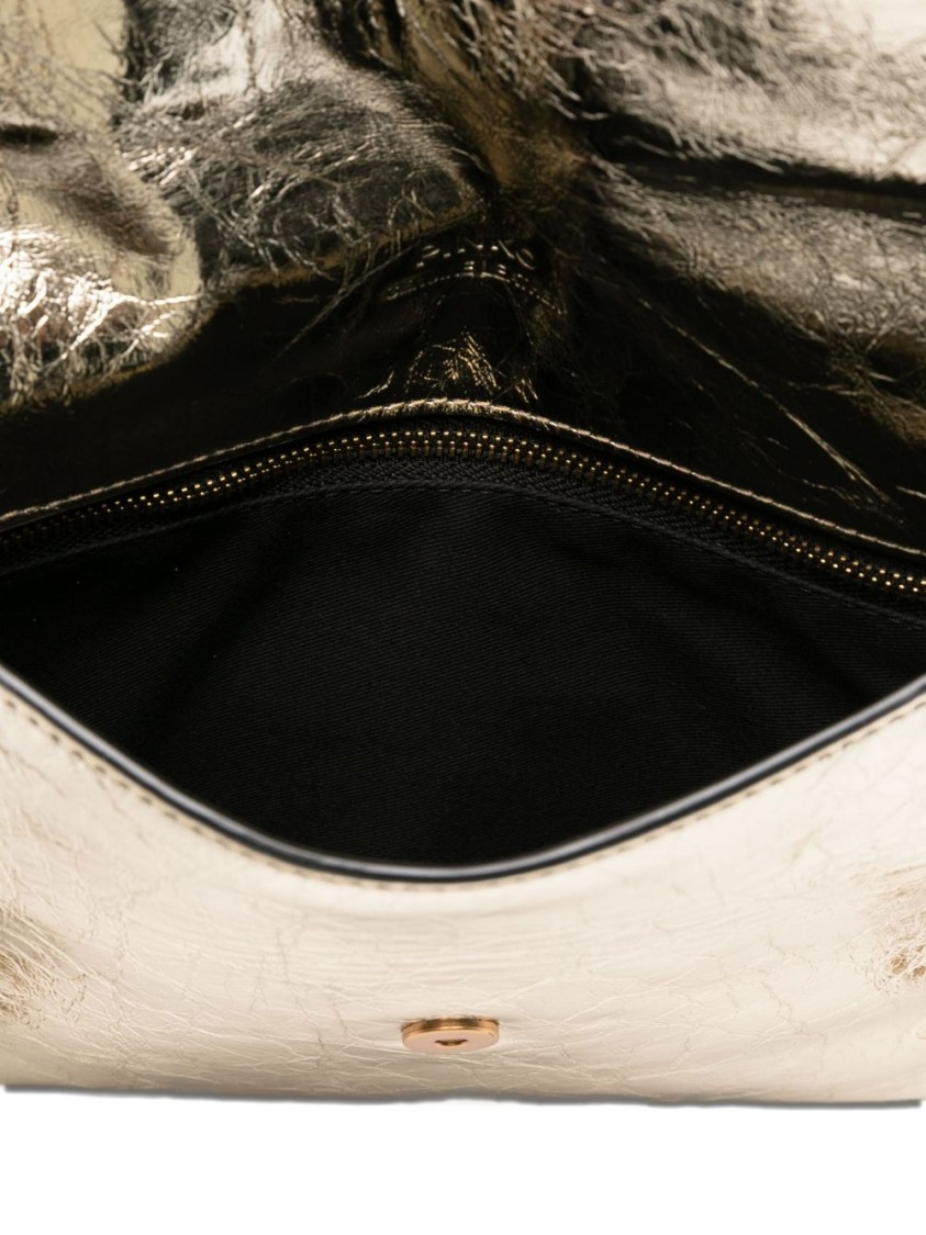 Pinko Gold-tone Metallic Leather Flap Wallet With Chain Strap In Neutral