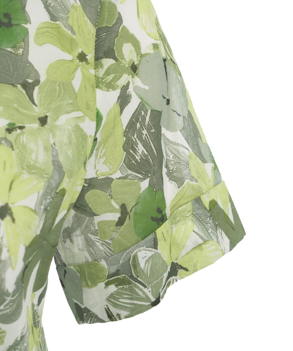 HIMON'S HIMONS FLORAL PATTERNED GREEN BLOUSE WITH ROUNDED HEM