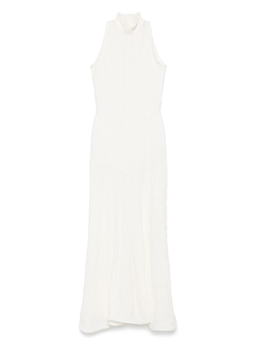 Msgm White Maxi Dress With High Neckline And Fitted Bodice