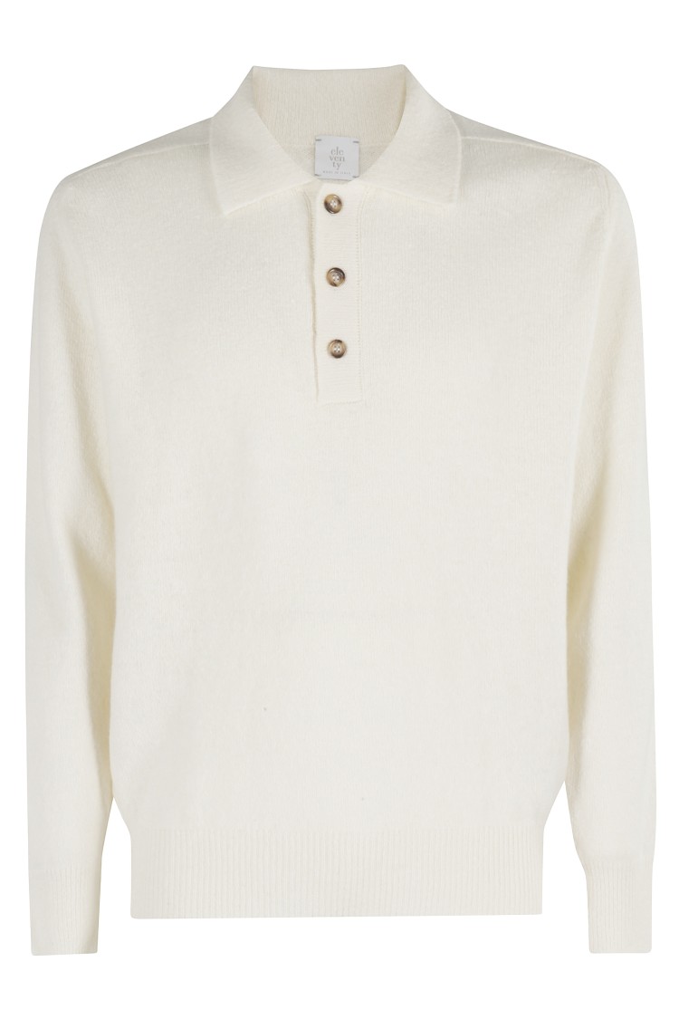 Eleventy Long-sleeve Knit Polo With Three-button Placket In White