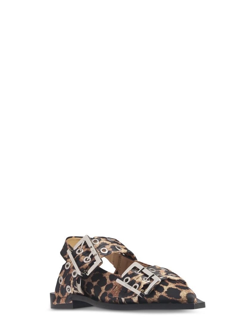 Ganni Leopard Satin Feminine Buckle Ballerinas In Multi