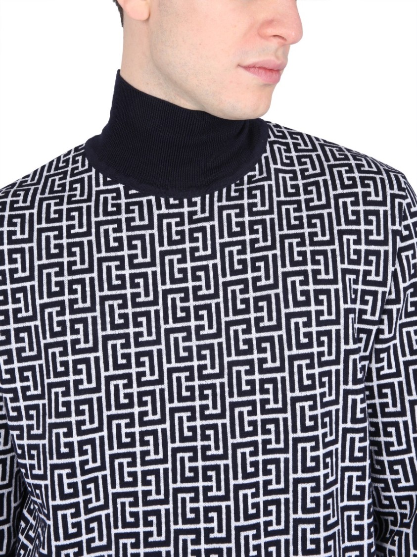 Shop Balmain High-neck Sweater With All-over Monogram Pattern In Grey