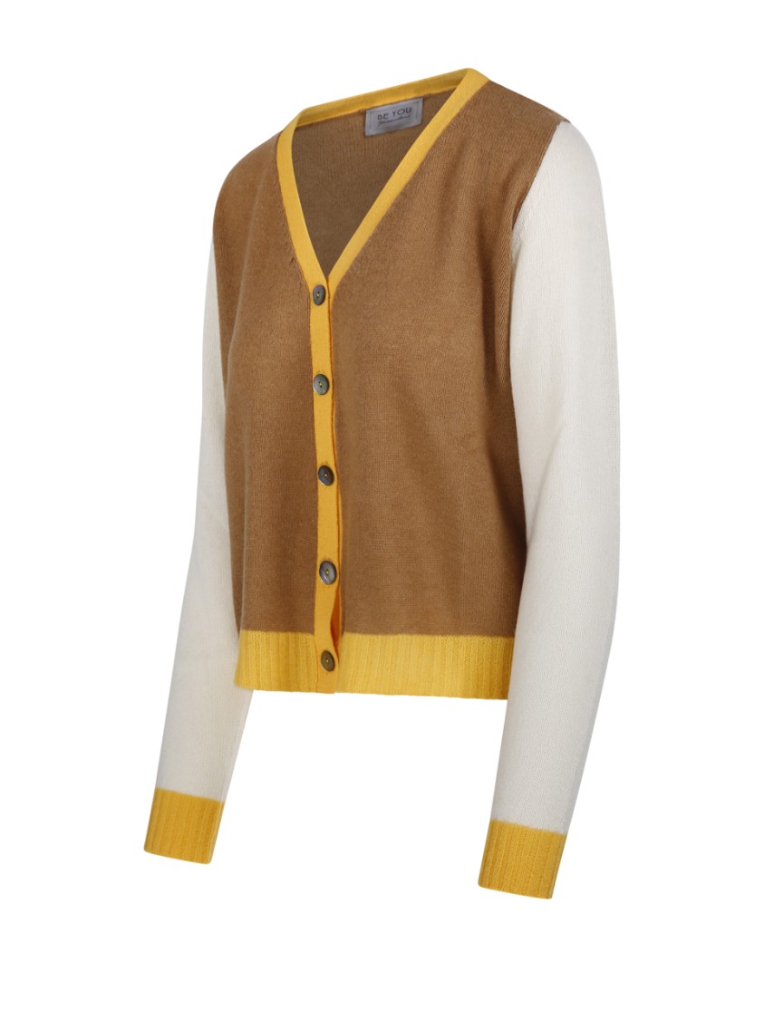 Be You Color-block Cashmere Cardigan With V-neckline In Brown