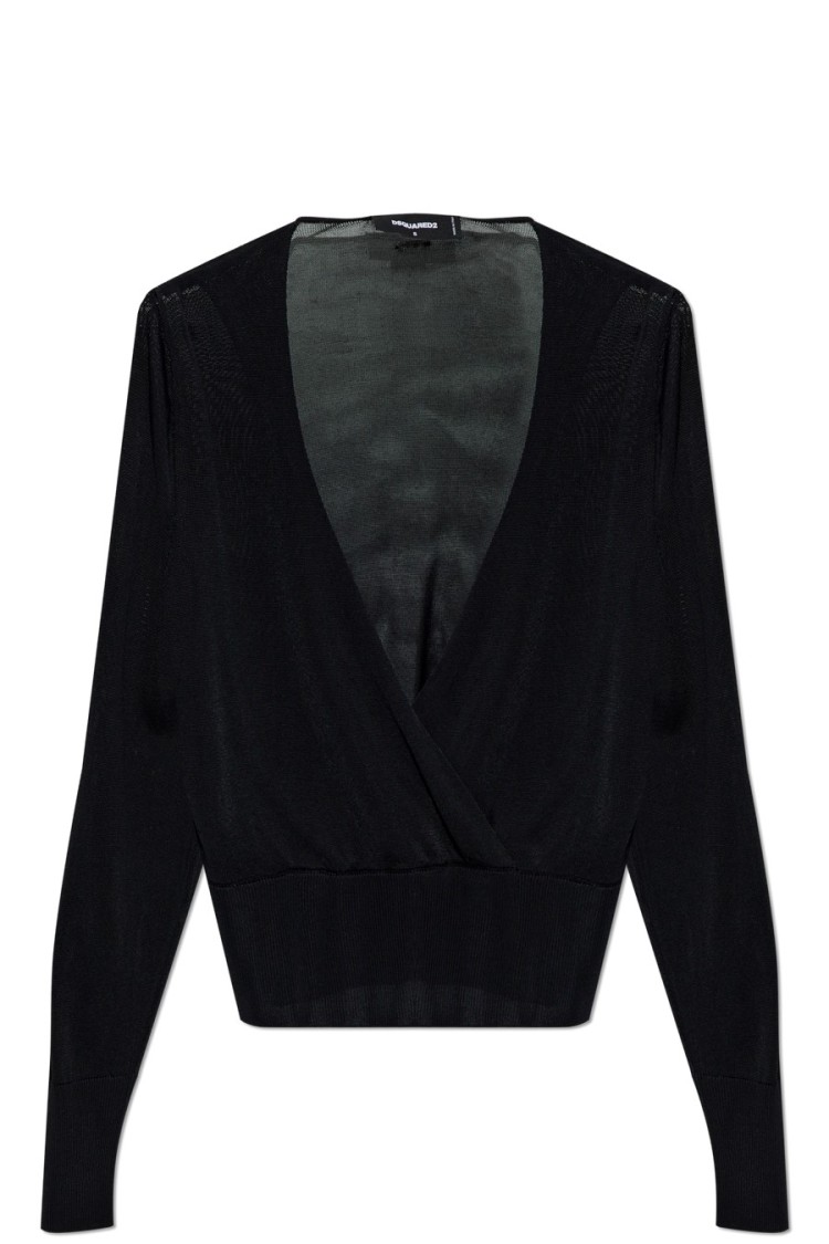 Dsquared2 Wrap-style Black Viscose Sweater With Deep V-neckline In Black