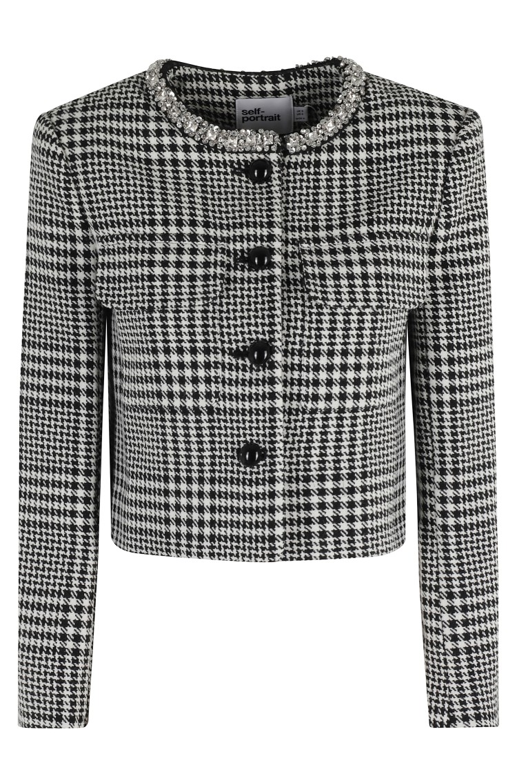 Self-portrait Houndstooth Crystal Trim Blazer In Gray