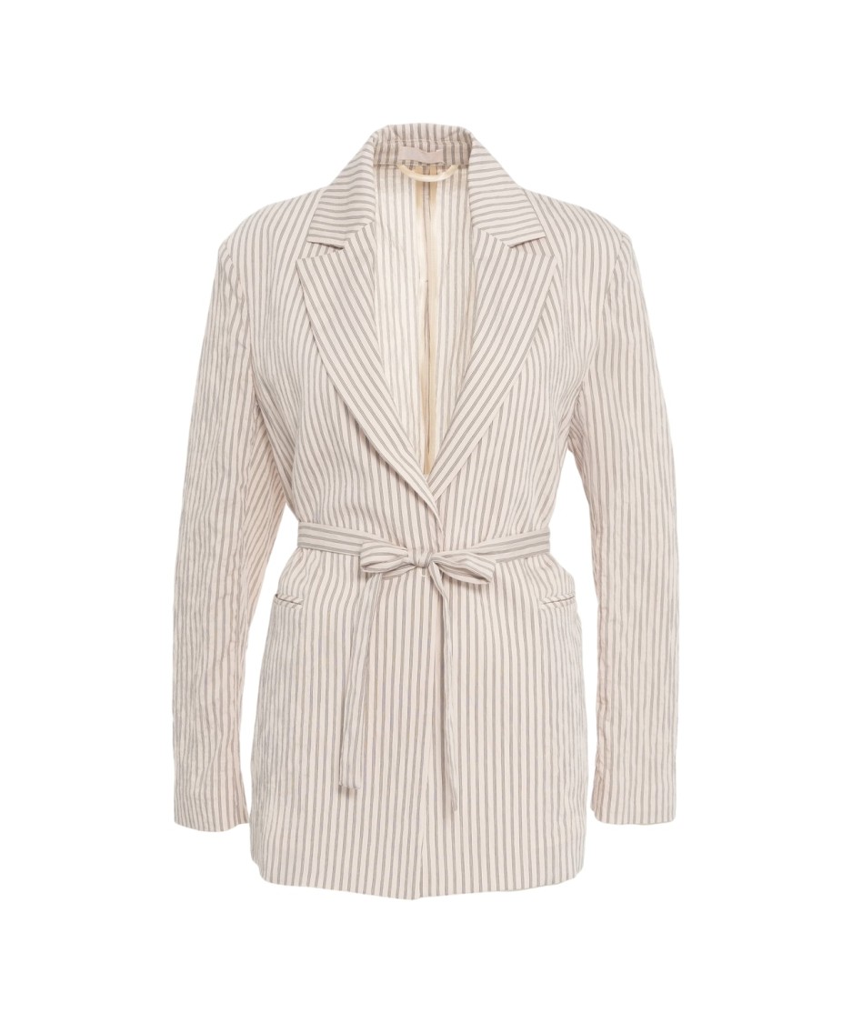 LIU •JO LIU JO STRIPED BLAZER WITH WAISTBAND AND NOTCHED LAPELS