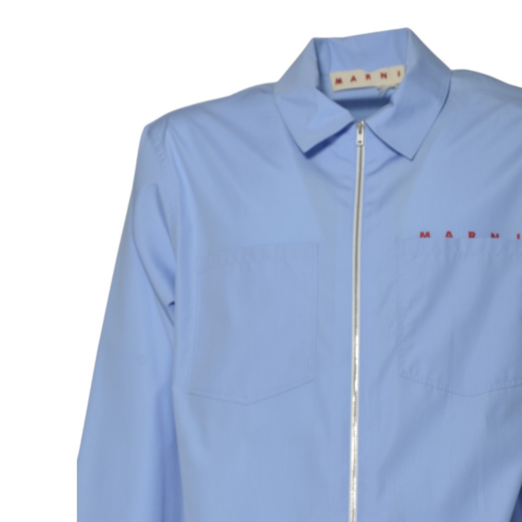 Shop Marni Light Blue Organic Poplin Zip-up Shirt
