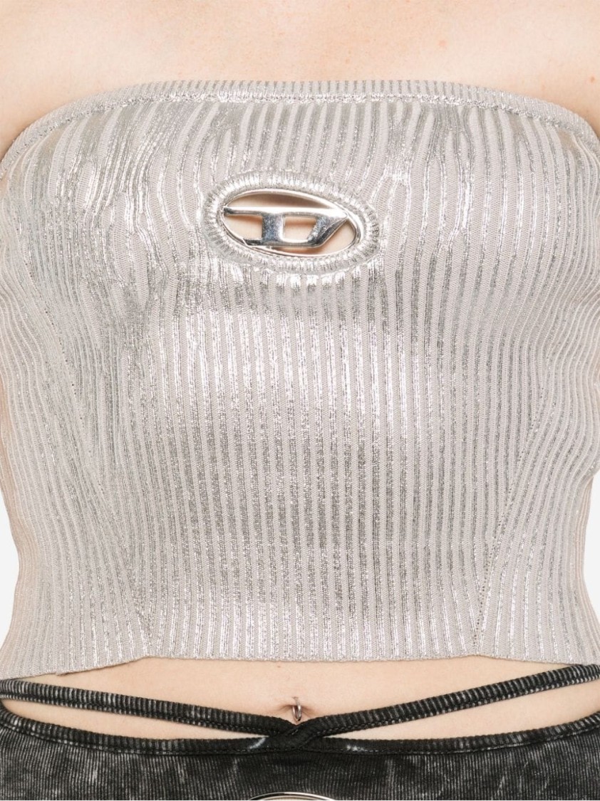 Shop Diesel Ribbed Cut-out Sweater With Metallic Sheen In Grey