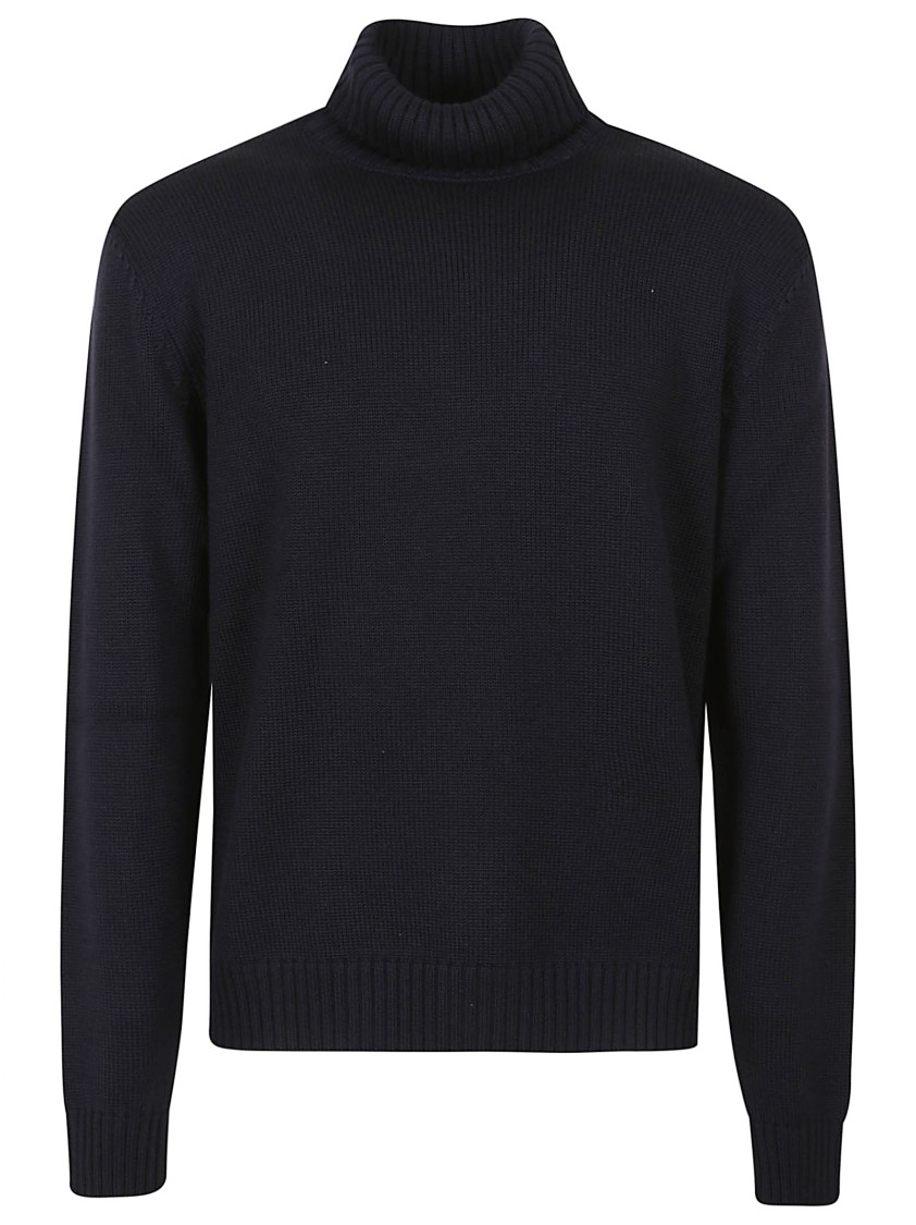 Zanone Ribbed Wool Turtleneck Sweater With High Collar In Blue