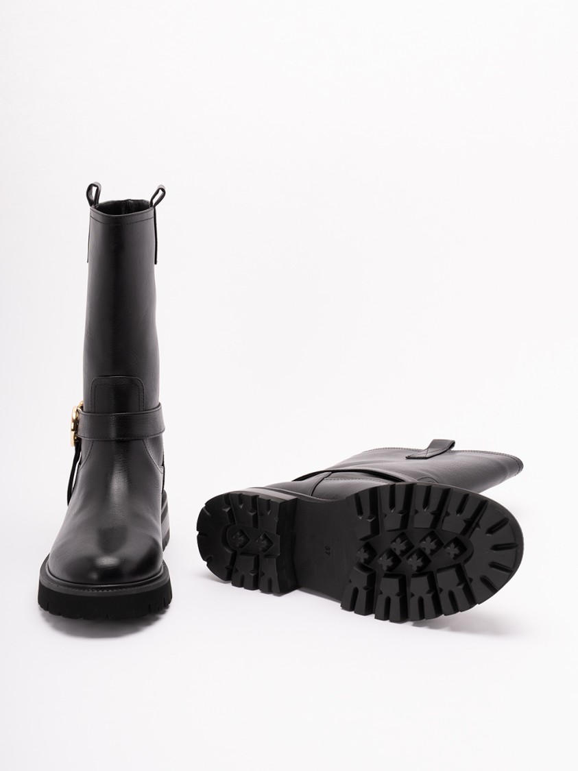 Twinset Twin-set Mid-calf Black Leather Boots With Buckle Fastening In Multi