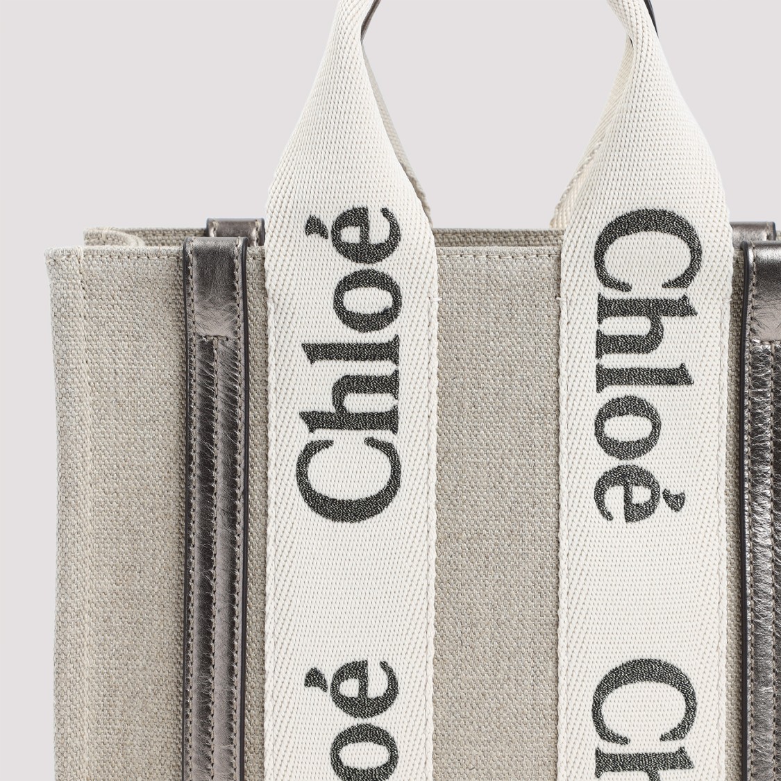 Shop Chloé Shiny Grey Linen Woody Bag