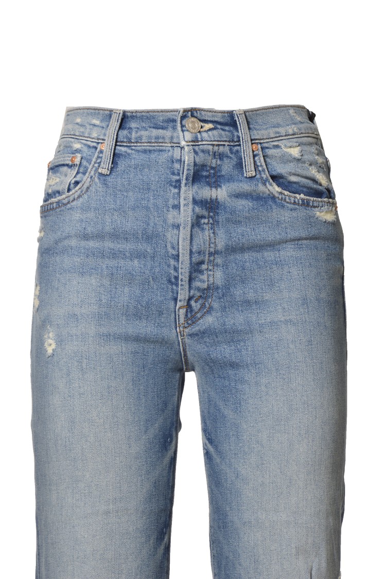 MOTHER MOTHER DISTRESSED STRAIGHT LEG JEANS IN BLUE DENIM