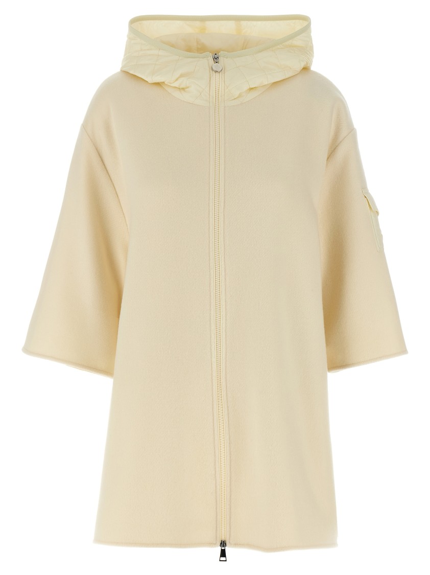 Moncler Two-material Cape With Padded Quilted Hood In Neutral