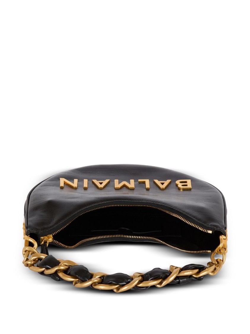 BALMAIN BALMAIN BLACK LEATHER SHOULDER BAG WITH GOLD-TONE LOGO 