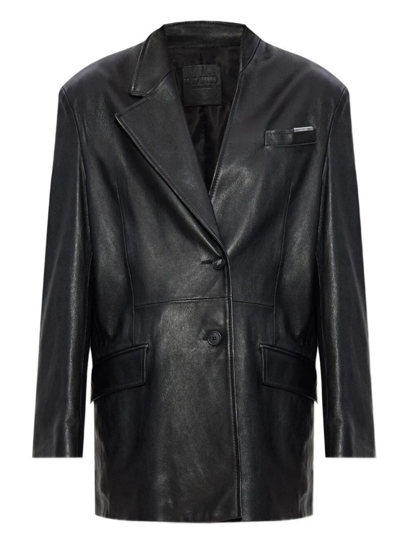 Attico Tailored Black Lambskin Blazer With Notched Lapels In Black
