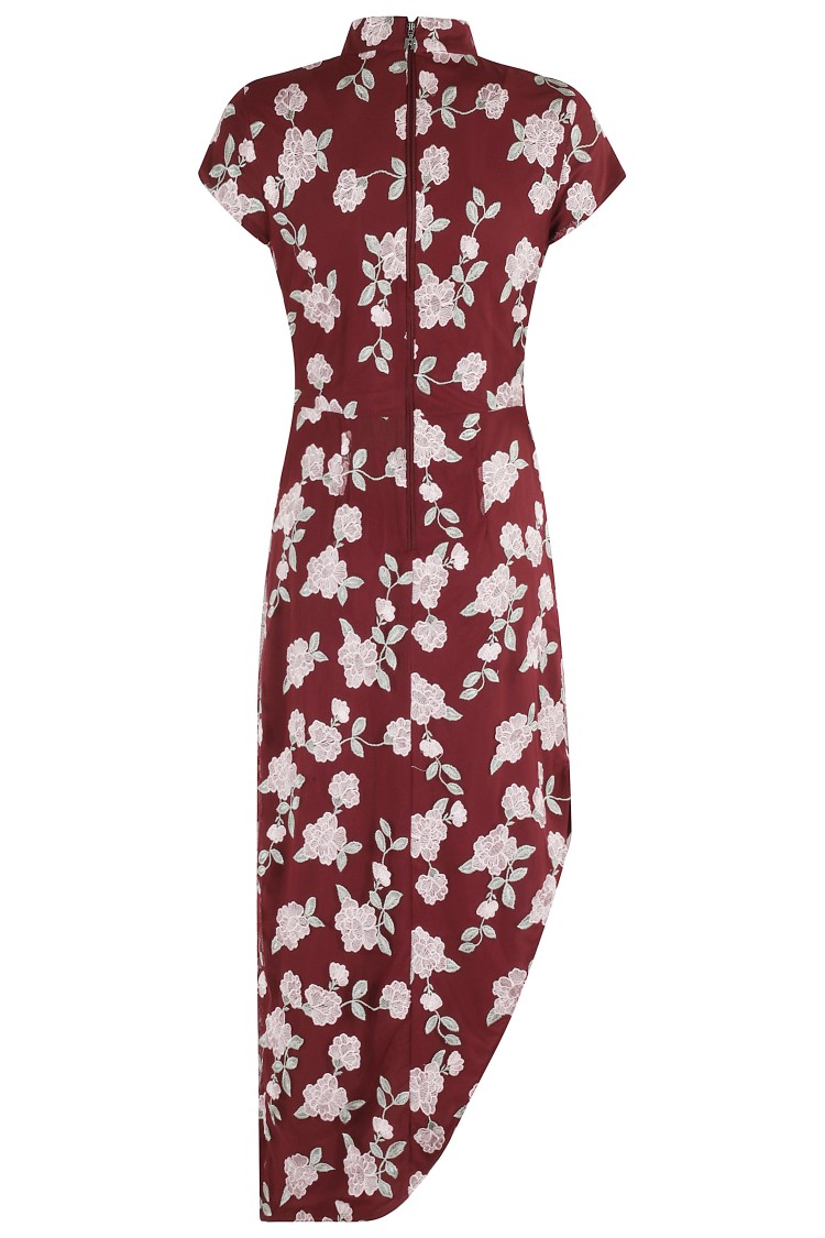Rotate Birger Christensen Rotate Asymmetric Red Dress With Floral Embroidery And Short Sleeves In Red