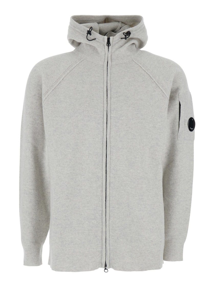 C.p. Company Grey Cardigan With Drawstring Hood And Logo Plaque On The Sleeve In Gray