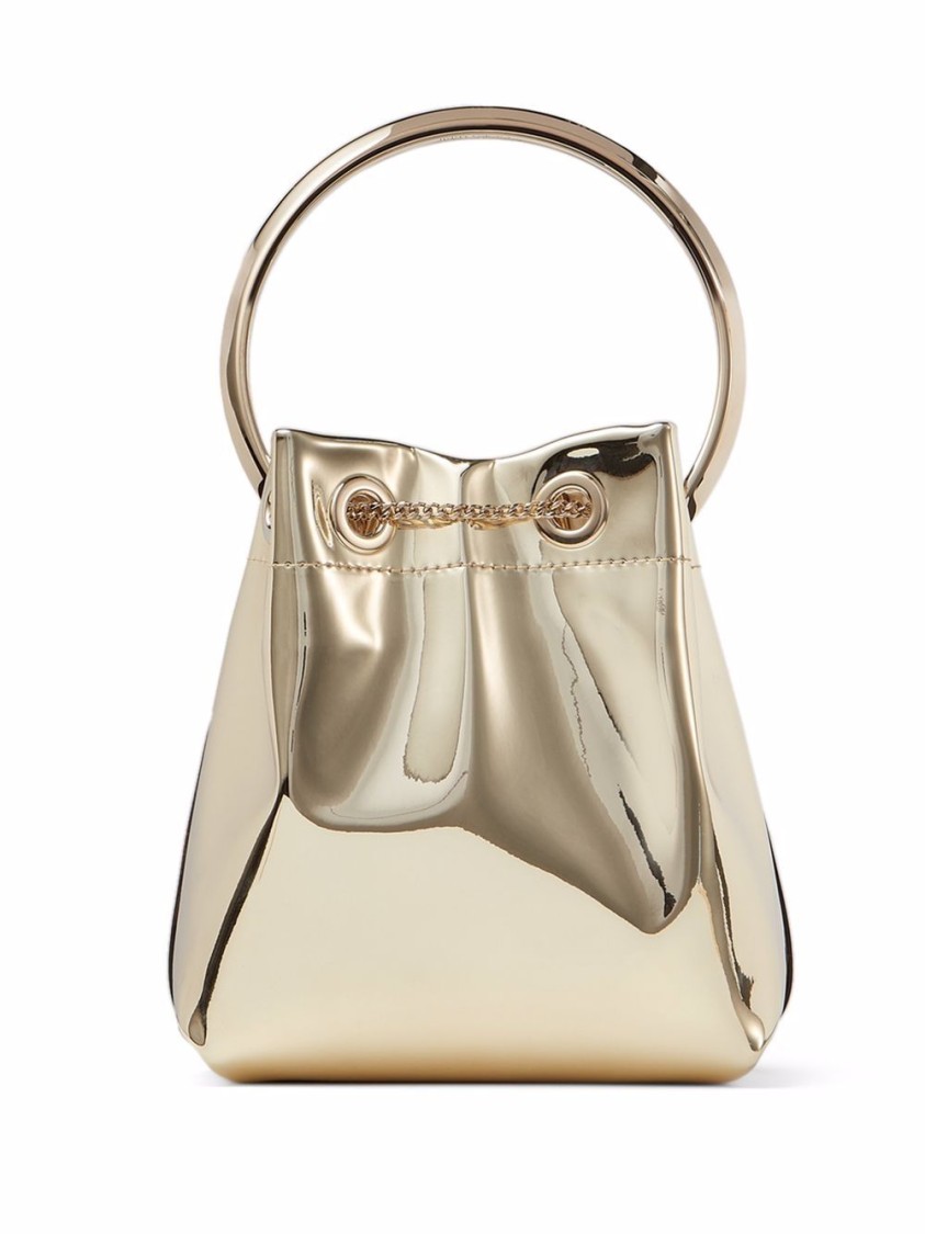 Jimmy Choo Shiny Mirror-effect Bon Bon Bag With Chain Drawstring And Metal Handle In Gold