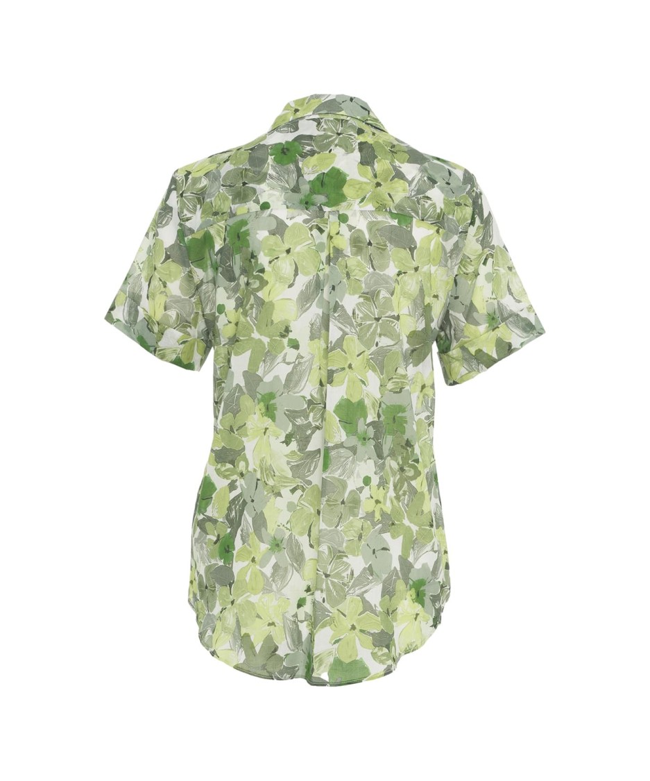 HIMON'S HIMONS FLORAL PATTERNED GREEN BLOUSE WITH ROUNDED HEM