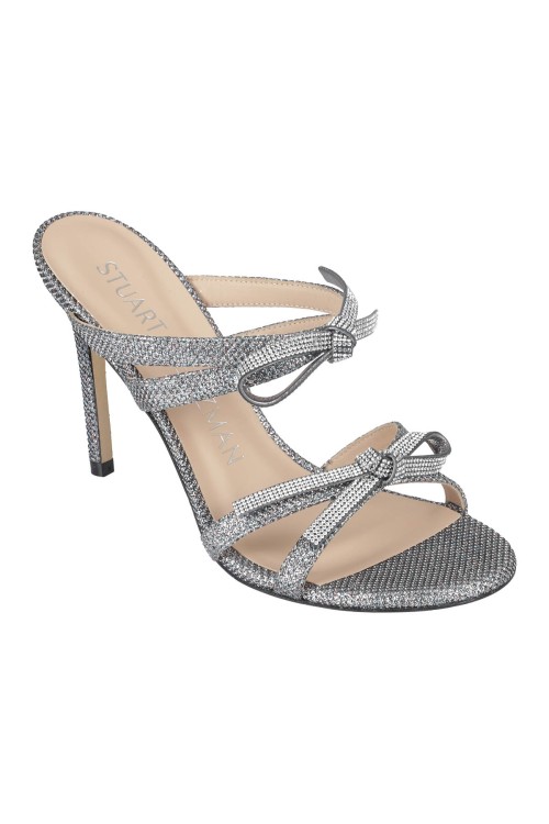 サンダル・ミュール Stuart Weitzman Silver Glitter Slide Sandal With Bow Accents Stuart Weitzman Silver Glitter Slide Sandal With Bow Accents