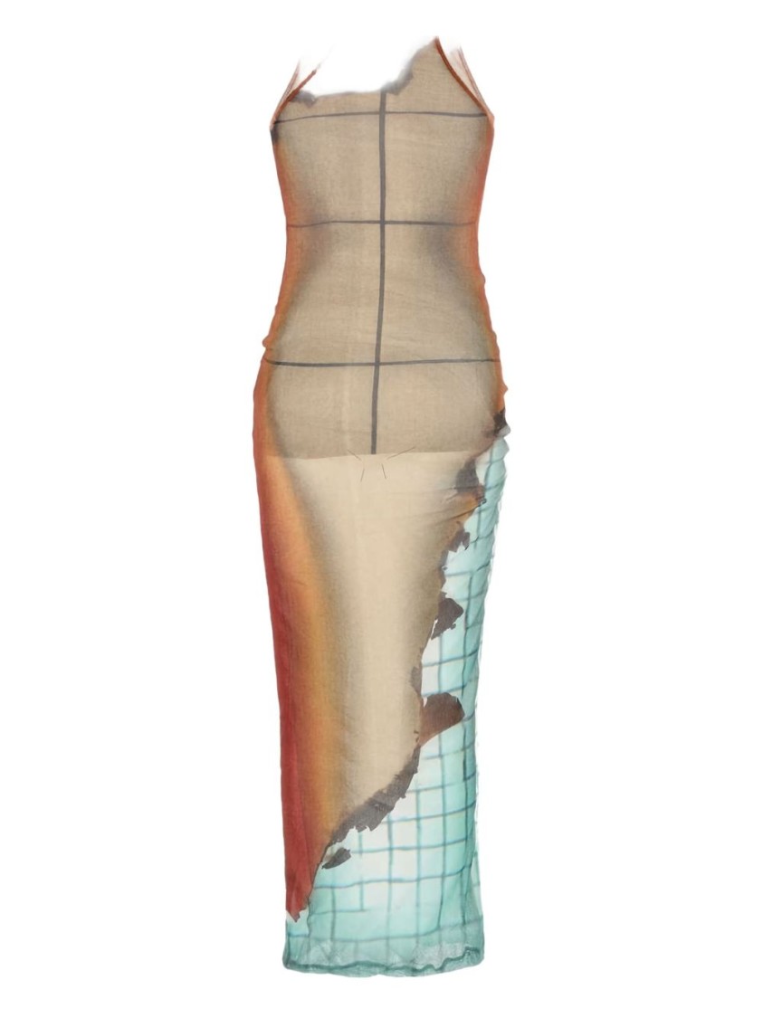 Jean Paul Gaultier Fire Printed Mesh Sleeveless Midi Dress In Neutral