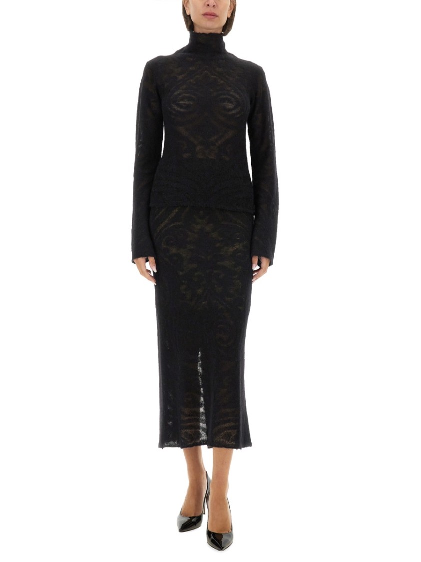 Etro Sheer Fabric Knit Skirt With Side Slit In Black