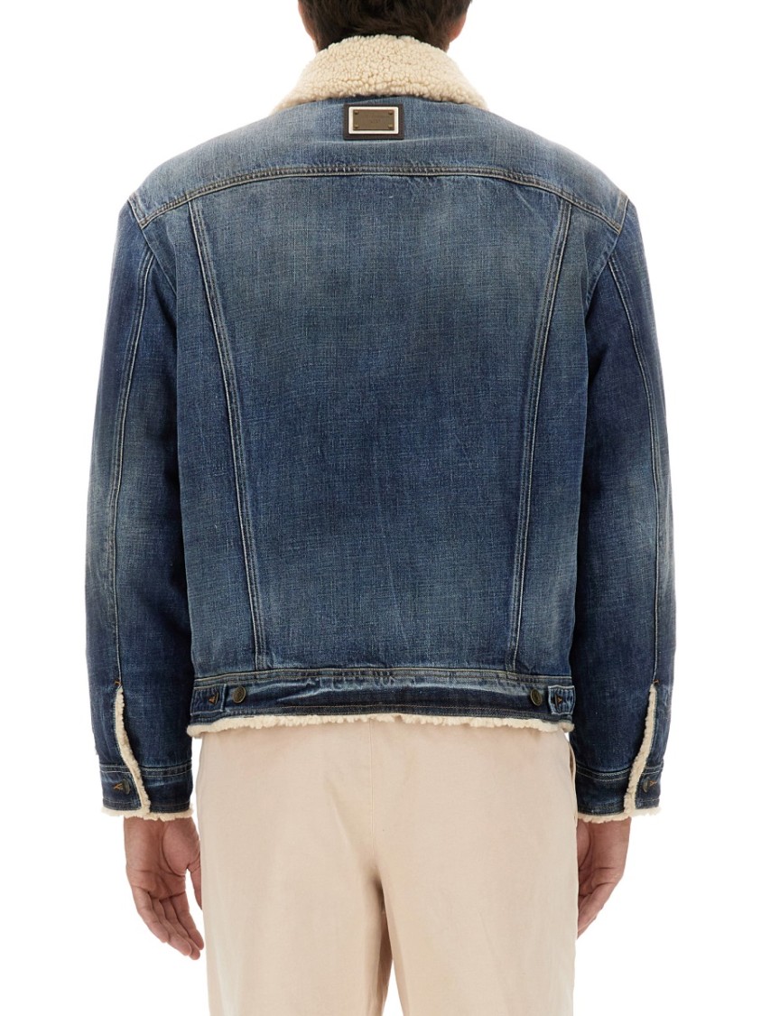 Dolce & Gabbana Buttoned Denim Jacket With Faux Shearling Finish In Blue