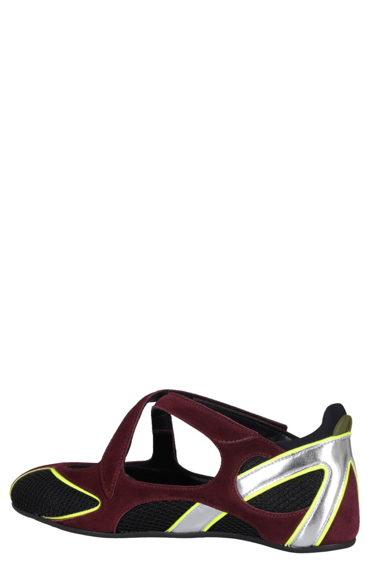 Attico Nomad Bordeaux Ballet Shoes With Criss-crossed Straps And Mesh Panels In Tech Fabric And Suede Woman In Black