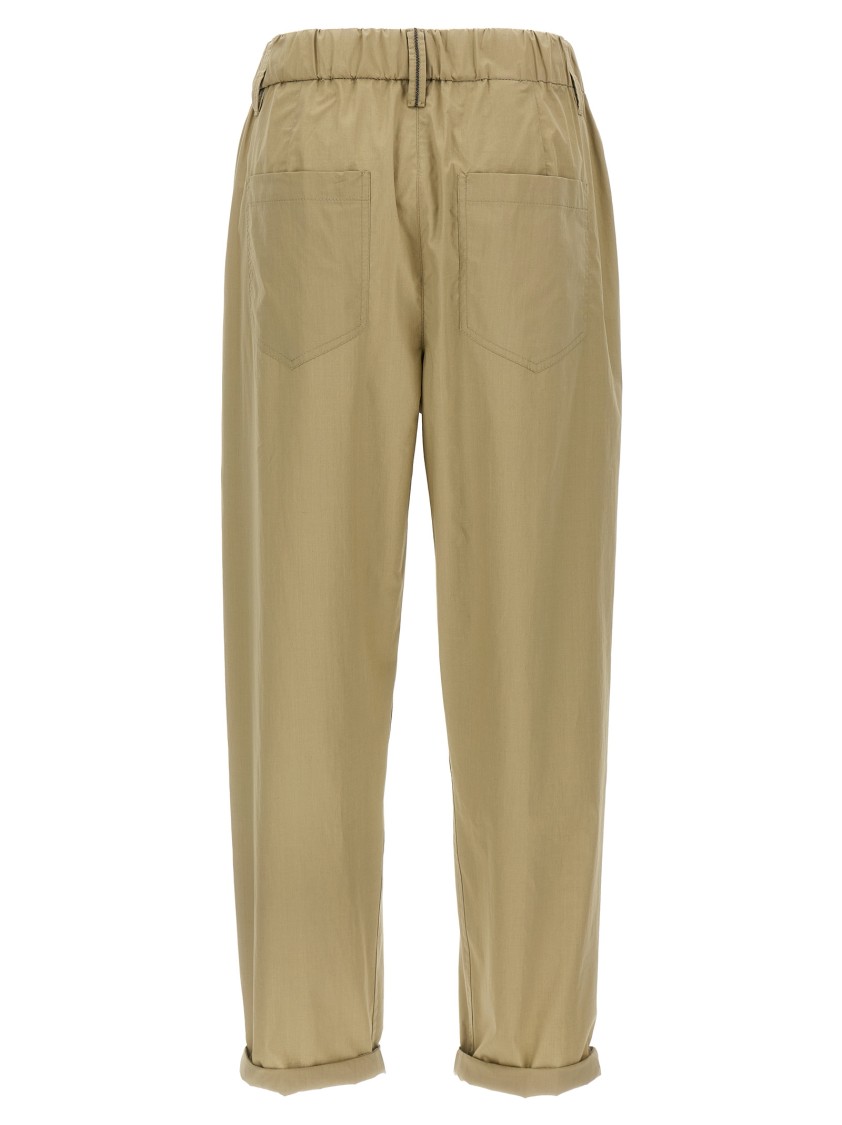 Brunello Cucinelli Light Cotton Poplin Pants With Monile Detail In Green