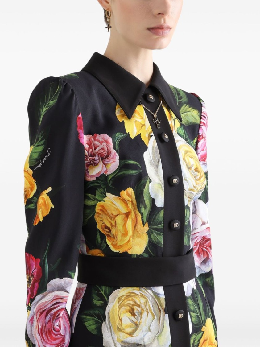 Dolce & Gabbana Multicolor Dress With Classic Collar And All-over Floral Print In Viscose Stretch Woman In Black